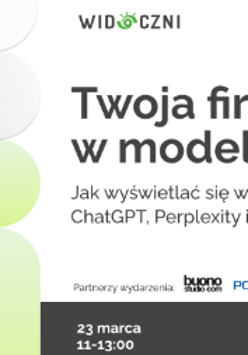 Po lewej stronie grafiki znajduje się futurystyczna ilustracja głowy robota w odcieniach szarości na białym tle, na którą nałożono półprzezroczyste, jasnozielone koła. W prawej części plakatu umieszczono tytuł wydarzenia oraz informacje o organizatorze, zawarte w treści artykułu.