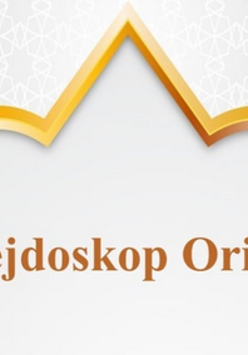 Plakat z napisem "Kalejdoskop Orientu" na jasnym tle z dekoracyjnym, złotym motywem inspirowanym architekturą orientalną.