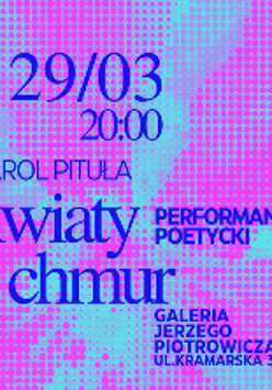 Plakat o wyrazistej, różowo-błękitnej kolorystyce, wykonany w stylistyce rastrowej (złożony z wyraźnych kropek). W górnej części widnieje duża data i godzina wydarzenia oraz szczegółowe informacje zawarte w treści artykułu. Tekst jest napisany ciemnoniebieską czcionką.