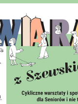 Na ilustracji stylizowane postacie spacerują i rozmawiają na tle dużego napisu "wiara", z elementami architektury i sztuki w literach. Poniżej informacje o wydarzeniu zawarte w treści artykułu. W lewym dolnym rogu widać logo Fundacji Vinea.