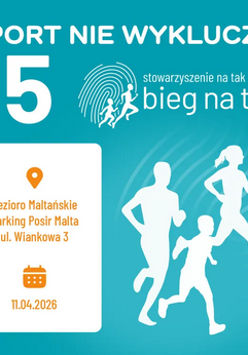 Grafika z turkusowym tłem. W lewym górnym rogu widnieje duża, biała cyfra 15. Obok niej biały prostokąt o zaokrąglonych rogach, w którym umieszczono pomarańczowe napisy. Są to szczegóły na temat wydarzenia zawarte w treści artykułu. Z prawej strony sylwetki 3 biegaczy: kobiety, mężczyzny i dziecka.