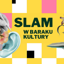 Tło stanowi żółty prostokąt otoczony kolorową mozaiką białych, żółtych, różowych, niebieskich i czarnych kwadratów. Na środku tytuł wydarzenia. Z lewej strony zdjęcie dłoni trzymającej ołówek, kolorowe kwiaty oraz ucho. Z prawej strony ręka trzymająca otwartą księgę, z której wydobywają się kwiaty.