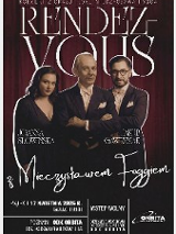 Plakat koncertu z okazji urodzin Mieczysława Fogga zatytułowany "Rendez-vous z Mieczysławem Foggiem", przedstawia troje artystów. Ich zdjęcie ma biały kontur. W tle bordowa, teatralna kurtyna. W dolnej części grafiki znajdują się szczegóły wydarzenia zawarte w treści artykułu.