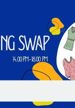 Na ciemnym niebieskim tle umieszczono żółte abstrakcyjne kształty oraz ilustracje ubrań (sukienka, swetry, spodnie) z napisem "Let's Swap". Na dole widnieją logotypy organizatorów i partnerów, w tym CIM Horyzonty, przystanek Pireus oraz Miasta Poznań.