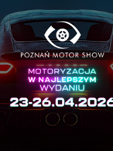Grafika przedstawia tył sportowego samochodu z wyraźnie świecącymi czerwonymi światłami. Na środku widnieje neonowy napis "Motoryzacja w najlepszym wydaniu" oraz logo wydarzenia i data. W górnym prawym rogu znajduje się logotyp Grupy MTP.