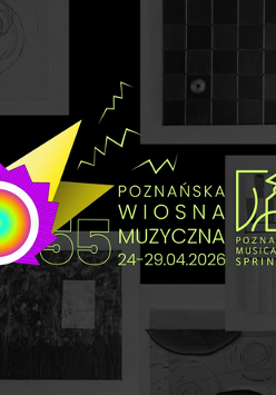 Plakat przedstawia czarne tło wypełnione czarno-białymi kwadratami z abstrakcyjnymi grafikami, przez które przebiega jaskrawozielona linia, a centralnym punktem jest kolorowe, tęczowe koło z białą otoczką i fioletowym oraz żółtym elementem obok napisu z nazwą wydarzenia.