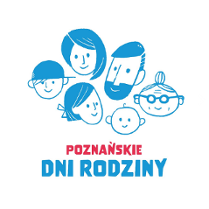 Prosta, niebieska ilustracja przedstawiająca sześć twarzy różnych członków rodziny: mężczyznę z brodą, kobietę, młodą kobietę w kucyku, dziecko w czapce, niemowlę oraz starszą osobę w okularach z kokiem. Pod grafiką widnieje napis "Poznańskie Dni Rodziny".
