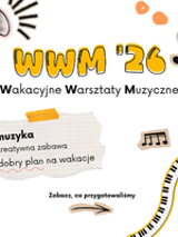 W górnej części żółte litery "www '26" oraz nazwa wydarzenia. Po lewej stronie widnieje dłoń trzymająca biało-czerwony megafon, a po prawej unosi się czarna nuta oraz pomarańczowe kropki. Centralną część zajmuje grafika stylizowana na przypiętą pomarańczową taśmą kartkę z zeszytu w kratkę, na której wypisano informacje o wydarzeniu zawarte w treści artykułu. Dół plakatu zdobią mniejsze elementy: nuty, wygięta w łuk czarno-biała klawiatura pianina oraz napis "zobacz, co przygotowaliśmy".