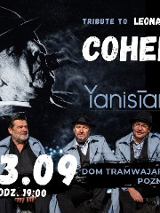 Plakat z dużym czarno‑białym zdjęciem Leonarda Cohena w górnej części. Poniżej trzech muzyków w błękitnych płaszczach. Wokół białe i niebieskie napisy, będące szczegółami wydarzenia, które zawarto w treści artykułu.