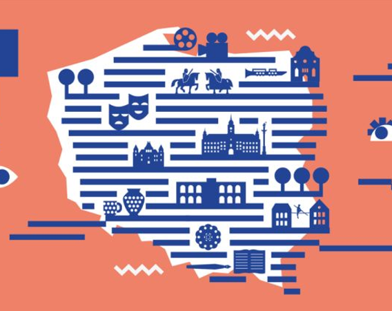 Plakat z graficznym motywem mapy Polski, a na niej ikonami masek teatralnych, kamery filmowej czy eksponatów muzealnych.