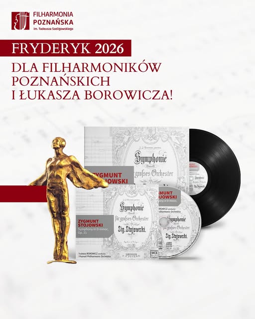 Plakat z okładką wyróżnionej płyty i złotą statuetką Nagrody Fryderyka.