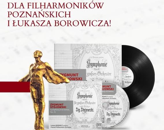 Plakat z okładką wyróżnionej płyty i złotą statuetką Nagrody Fryderyka.