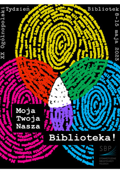 "Moja, Twoja, Nasza" 3 kolorowe odciski palca nachodzące na siebie na środku.