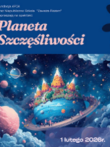 Plakat przedstawia kolorową, bajkową planetę unoszącą się w kosmosie, otoczoną gwiazdami i planetami. Na górze widnieje tytuł spektaklu "Planeta Szczęśliwości".