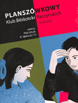 Informacje o klubie planszówkowym Biblioteki Raczyńskich, pod spodem rysunek dwóch osób grających w karty.