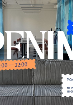 Wnętrza, które można wykorzystywać do pracy. Na zdjęciu duży napis: Opening 18:00 - 22:00