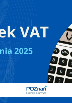 Na grafice widnieje obraz przedstawiający kalkulator z napisem VAT, tabelki i wykresy oraz długopis