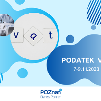 Grafika promocyjna bezpłatnego szkolenia pod tytułem "Podatek VAT", szkolenie odbędzie w dniach 7-9 listopada 2023 r. na platformie Zoom.