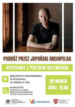 Łysy mężczyzna w czarnej koszulce siedzi przy stole. Poniżej informacje o spotkaniu w Bibliotece Wojewódzkiej.