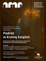 Plakat z rysunkiem kobiety na schodkach w bibliotece, informacj o spektaklu dyplomowym.