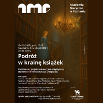 Plakat z rysunkiem kobiety na schodkach w bibliotece, informacj o spektaklu dyplomowym.