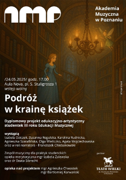 Plakat z rysunkiem kobiety na schodkach w bibliotece, informacj o spektaklu dyplomowym.