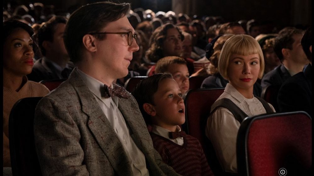 Rodzice z dzieckiem siedzą w kinie, w zaciemnonej sali. Chłopiec i jego ojciec patrzą w ekran kinowy, kobieta zerka na swojego męża.