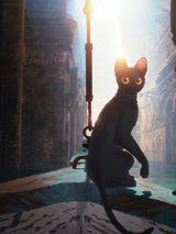 Animowany kot siedzi na dziobie łodzi, płynącej między zalanymi budynkami.