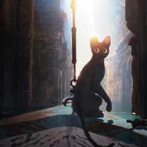 Animowany kot siedzi na dziobie łodzi, płynącej między zalanymi budynkami.