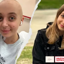 Plakat, który promuje koncert charytatywny, podczas którego będą zbierane pieniądze na leczenie młodej dziewczyny. Na plakacie dwa zdjęcia dziewczyny: przed i w trakcie leczenia.