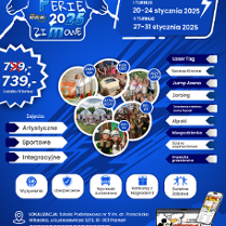 Plakat półkolonii "Ferie 2025" w Poznaniu dla dzieci 6-13 lat (20-24 i 27-31 stycznia). Atrakcje: laser tag, jump arena, alpaki, seanse kinowe i więcej. Cena: 739 zł/turnus. Lokalizacja: SP nr 9, ul. Łukaszewicza 9/13