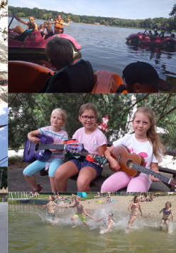 Kolaż zdjęć, na których są dzieci podczas różych wakacyjnych czynność: grające na ukulele, pływające po jeziorze w rowerach wodnych, jadęce na rowery, gimnastykujące się na plaży...