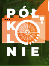 Napis o treści półkolonie, w którym litera o została wystylizowana na koło roweru.