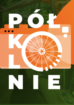 Napis o treści półkolonie, w którym litera o została wystylizowana na koło roweru.