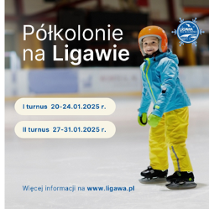 Uśmiechnięte dziecko jeździ na łyżwach, po lewej stronie napisy informujące o półkoloniach.