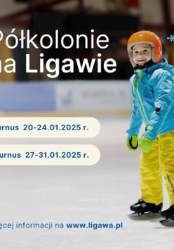 Uśmiechnięte dziecko jeździ na łyżwach, po lewej stronie napisy informujące o półkoloniach.
