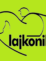 Zielone tło z logiem, które przypomina jeźdźca na koniu. Pod spodem napis "Lajkonik".