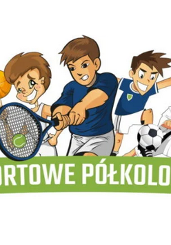 Rysunek wielu postaci uprawiających różne dyscypliny sportu, podpis o treści sportowe półkolonie.
