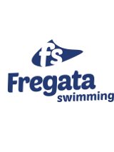 Niebieski napis fregata swimming na białym tle. Logo przedstawiające litery f i s, czyli inicjały z nazwy firmy.