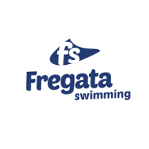 Niebieski napis fregata swimming na białym tle. Logo przedstawiające litery f i s, czyli inicjały z nazwy firmy.
