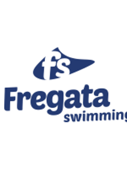 Niebieski napis fregata swimming na białym tle. Logo przedstawiające litery f i s, czyli inicjały z nazwy firmy.