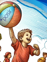 Rysunek dziecka łapiącego kolorową piłkę z napisem POSiR.