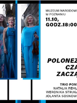 Grafika przedstawia klawisze fortepianu. W dwa z z nich wpisano zdjęcia zespołu Trio Pontis. Trzy kobiety ubrane w niebieskie stroje pozuje do zdjęcia. Stoją na starych, kamiennych schodach. Jedna z kobiet trzyma w ręku skrzypce.