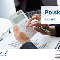 W tle laptop i ręce pracujące na kalkulatorze. Z prawej strony tytuł spotkania: Polski Ład, 9.12.2021. Na dole logotypy organizatorów: Poznań Biznes Partner i Krajowa Izba Doradców Podatkowych.