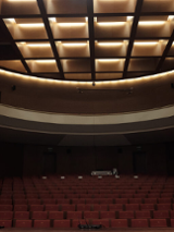 Obrazek przedstawia ciemną aule z czerwonymi krzesłami