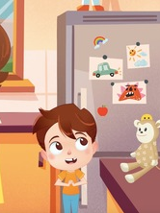 Kolorowa ilustracja przedstawia rodziców i dziecko siedzących w kuchni. Wszyscy mają brązowe włosy. Na blacie stoi zabawkowa małpka. W tle lodówka z ilustracjami i kuchenne meble.