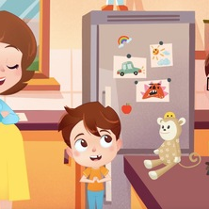 Kolorowa ilustracja przedstawia rodziców i dziecko siedzących w kuchni. Wszyscy mają brązowe włosy. Na blacie stoi zabawkowa małpka. W tle lodówka z ilustracjami i kuchenne meble.