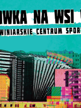 Plakat, zdjęcie kolorowych bloków, na które nałożono filtr niebieski, jeden blok zamieniono na olbrzymi akordeon, w górnej części napisy informujące o wydarzeniu.
