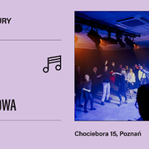 Plakat Domu Kultury AZK zachęcający do wzięcia udziału w tanecznej imprezie. Z prawej strony zdjęcie tańczącej pary, z lewej napisy, które informują o wydarzeniach.