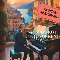 Plakat przedstawia okno znajdujące się w Sorrento. W pobliżu zasłon siedzi Włoch przy pianinie. Jest bardzo zadbany i ubrany w dobry garnitur. To oczywiste, że jest przyzwoitym człowiekiem.